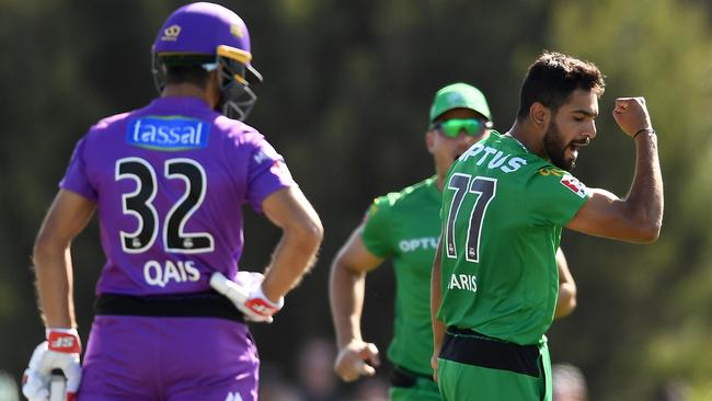 Haris Rauf of the Melbourne Stars celebrates getting the wicket of Qais Ahmad of the Hobart Hurricanes Picture: QUINN ROONEY/GETTY IMAGES