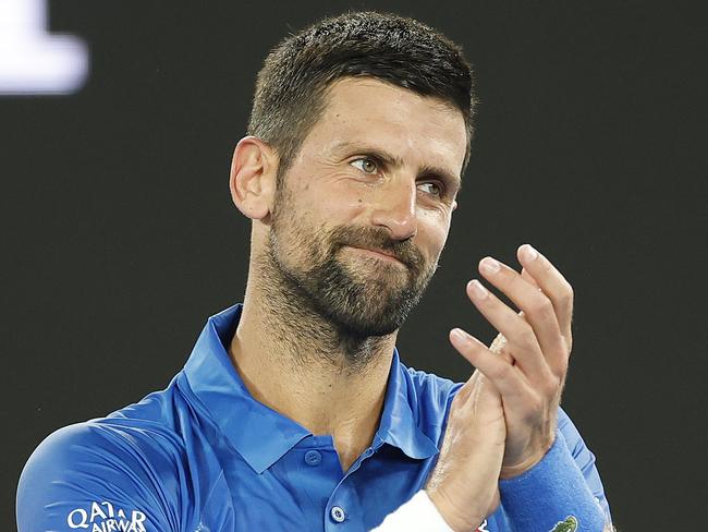 MELBOURNE, AUSTRALIA - JANUARY 09: Novak Djokovic of Serbia thanks the audience after the exhibition match against Alexander Zverev of Germany during the Night with Novak charity event ahead of the 2025 Australian Open at Melbourne Park on January 09, 2025 in Melbourne, Australia. (Photo by Daniel Pockett/Getty Images)