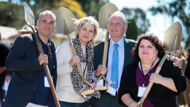 Angelo Cusumano, Kathryn Szyszka, Peter Simpson and Martha Jabour of the Homicide Victims Support Group mark the turning of the first sod at Grace’s Place in Doonside on September 7. Picture: Angelo Velardo