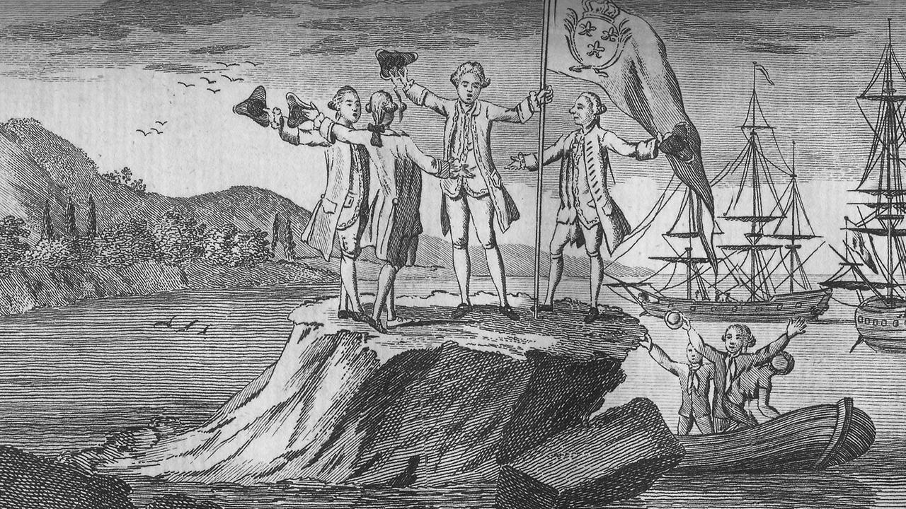 A 1773 engraving showing French explorer Louis Bougainville planting a French flag in a rock in the Straits of Magellan in 1767. he would later to sail through the island that now bear his name.