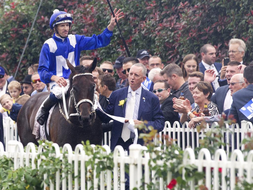 Winx ridden by Hugh Bowman wins race 5 at Rosehill Gardens on Golden Slipper day. Picture: Jenny Evans