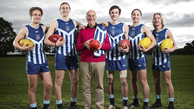 Sturt great John Halbert (centre) back at Unley High School with students (from left) Jake Thomas-Nehmy, Sam Jenkin, Liam Jefferies, Thomas Eriksson and Charlie Pridham. Picture: Sarah Reed