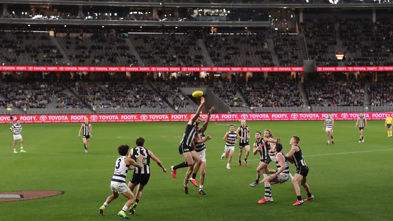 Collingwood in action against Geelong in front of 22,000-odd fans on Thursday night. (Photo by Paul Kane/Getty Images)