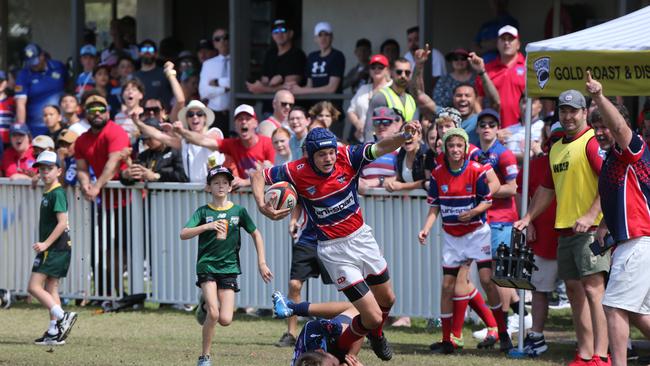 Action galleries of the junior rugby union grand finals, match played at Surfers Paradise Home Ground. Helensvale Hogs Vs Bond Uni Pirates under 14s division. Picture Mike Batterham