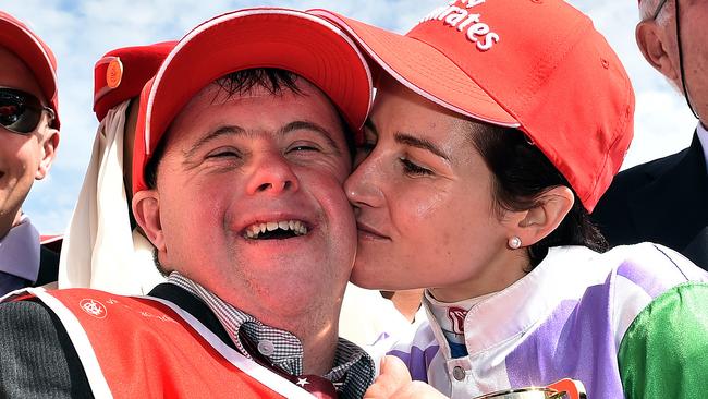 Michelle Payne celebrating with her strapper brother Steven. Picture: AAP Image/Julian Smith