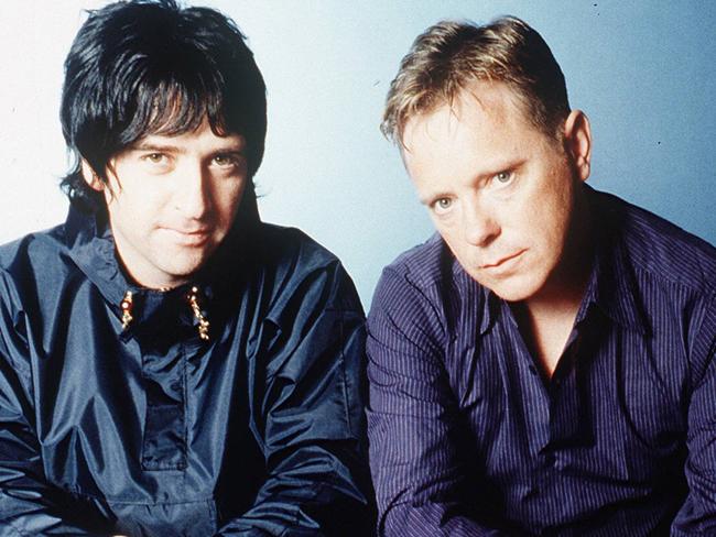 Johnny Marr with Bernard Sumner after forming alternative dance group Electronic in 1988. They folded in 1999. Picture: News Corp Australia