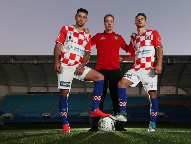 Andrew Barisic, Grae Piddick (coach) and Griffin Libhart from the Gold Coast Knights are preparing for the biggest game in the club's history, an FFA Cup Round of 32 clash with A-League side Newcastle Jets on Tuesday night at CBUS Stadium at Robina. Picture Glenn Hampson