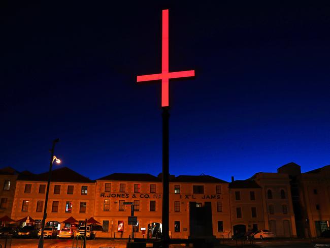 One of the inverted red crosses on the Hobart waterfront during Dark Mofo. Picture: SAM ROSEWARNE