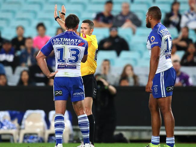 SYDNEY, AUSTRALIA - APRIL 10: Ofahiki Ogden of the Bulldogs is sent to the sin bin during the round five NRL match between the Canterbury Bulldogs and the Melbourne Storm at Stadium Australia, on April 10, 2021, in Sydney, Australia. (Photo by Mark Metcalfe/Getty Images)