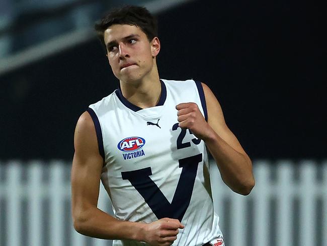 PERTH, AUSTRALIA - JUNE 30: Michael Rudd of Victoria Country celebrates a goal during the 2023 AFL National Championships U18 Boys match between Western Australia and Vic Country at the WACA on June 30, 2023 in Perth, Australia. (Photo by Paul Kane/AFL Photos/via Getty Images)