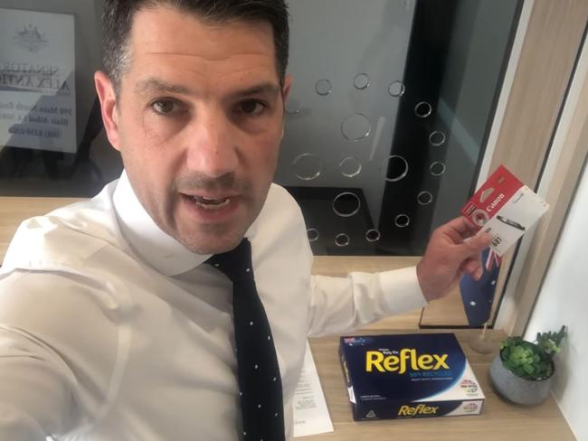 Liberal Senator Alex Antic in a video on his social media, joking about sending SA Health paper and printer toner – after his letters about Covid vaccinations were ignored. Picture: Facebook