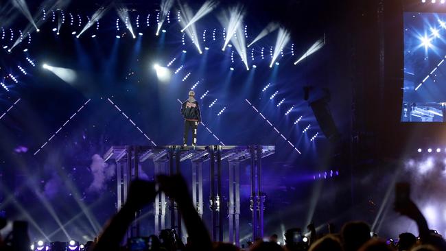 Justin Bieber came on and let everyone see him at the cavernous ANZ Stadium in Sydney. Picture: Jonathan Ng