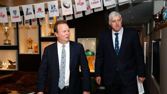 ARU chief executive Bill Pulver and chairman Cameron Clyne walk to the press conference.