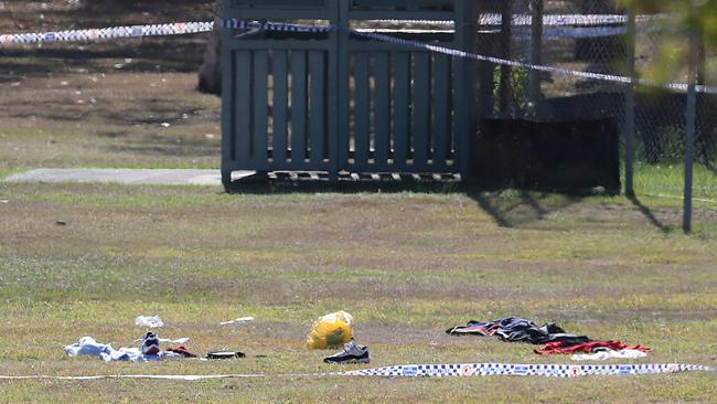 Police tape marks the scene of the bloody melee at Zillmere. Picture: Peter Wallis