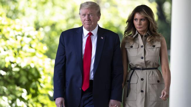 Donald and Melania Trump arrive for a White House National Day of Prayer Service in the Rose Garden of the White House on Thursday. Picture: AP