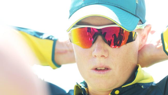 CANBERRA, AUSTRALIA - JANUARY 27:  Alyssa Healy of Australia looks on during game one of the Women's T20 International series between Australia and South Africa at Manuka Oval on January 27, 2024 in Canberra, Australia. (Photo by Mark Metcalfe/Getty Images)