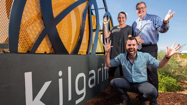 Member for Namatjira Chansey Paech, resident Lisa-Marie Ryan, and Alice Springs Mayor Damien Ryan at the entrance to the Kilgariff Estate. Picture: Emma Murray