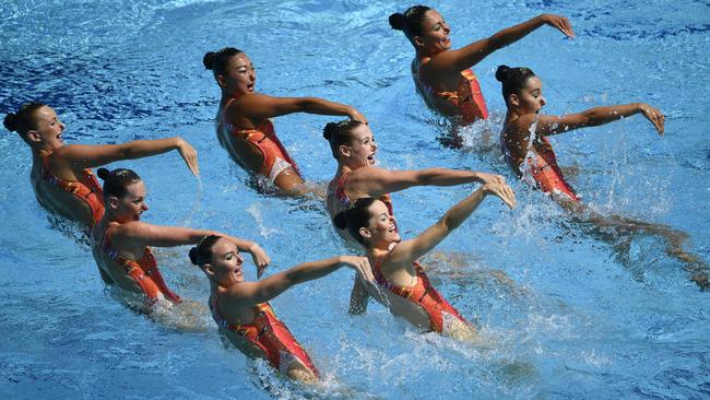 Team Australia competes in the teams free routine final of the synchronised swimming.