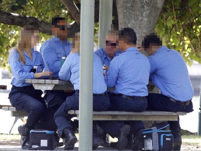 Gold Coast City Council workers flouting social distancing rules at Budds Beach about 2pm on Thursday, March 26, 2020. Picture: Tertius Pickard