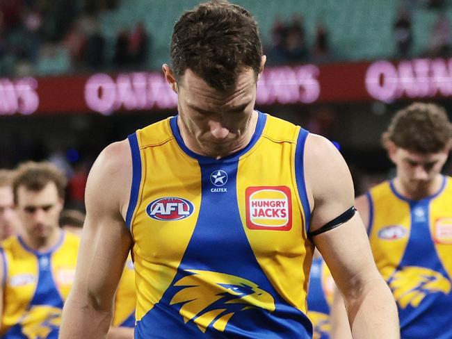 SYDNEY, AUSTRALIA - JUNE 24: Eagles captain Luke Shuey walks from the field after defeat during the round 15 AFL match between Sydney Swans and West Coast Eagles at Sydney Cricket Ground, on June 24, 2023, in Sydney, Australia. (Photo by Mark Metcalfe/AFL Photos/via Getty Images )