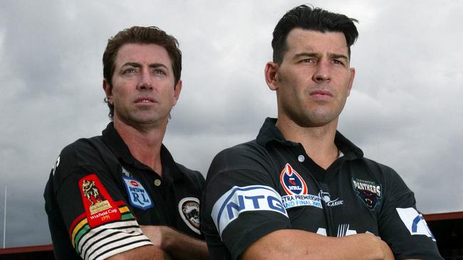 Penrith Panthers NRL captain Craig Gower (R) wearing 2004 jersey coach Greg Alexander's 1991 jersey at Penrith Stadium.