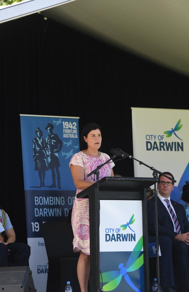 Chief Minister Natasha Fyles at the 81st commemoration of the Bombing of Darwin held at the cenotaph on the esplanade. Picture: (A) manda Parkinson