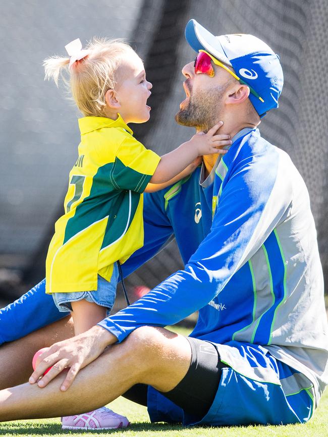 Harper joins her dad Nathan Lyon for Christmas Day training. Picture: Stuart Walmsley