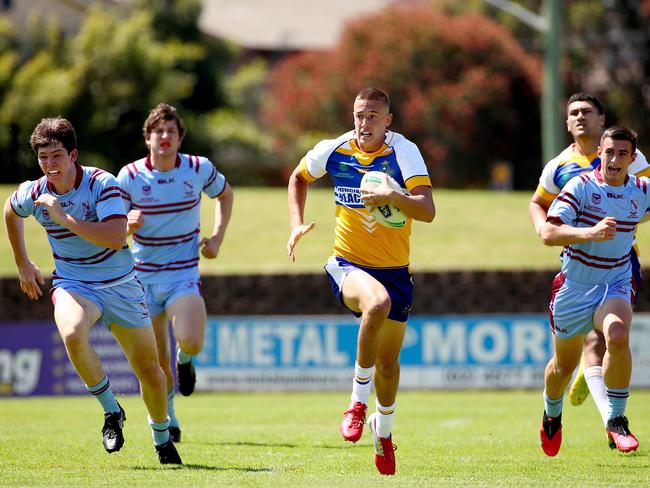 Patrician Brothers Blacktown’s Jakob Arthur makes a break against St Gregory’s College. Picture: Toby Zerna