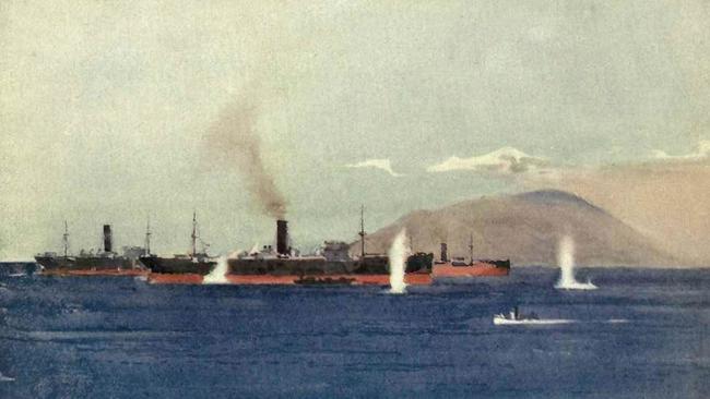 ‘Mere sport’ ... Turks bombard our ships off Suvla, by Norman Wilkinson.