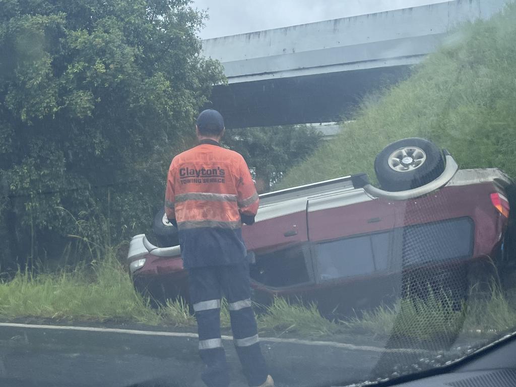 A car rollover at Pacific Paradise on Saturday afternoon marked a chaotic day on the Sunshine Coast, with multiple incidents keeping emergency crews busy. Photo: Sam Turner