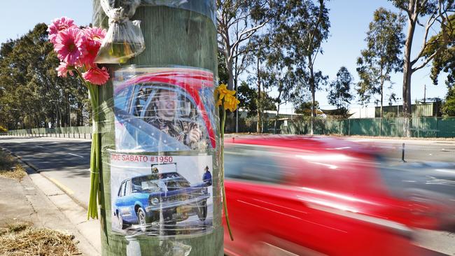 A tribute for Mr Sabato has been placed on a power pole at the scene of the accident. Picture: Sam Ruttyn