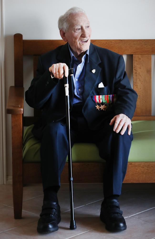 World War II veteran Keith Arneman, who recently celebrated his 100th birthday, at his daughter’s Pacific Pines home. Picture: Glenn Hampson.