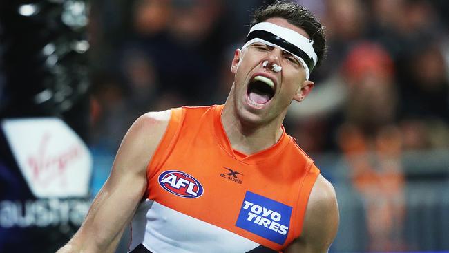 Giants Josh Kelly celebrates kicking a goal during AFL match GWS Giants v West Coast Eagles at Spotless Stadium. Picture. Phil Hillyard