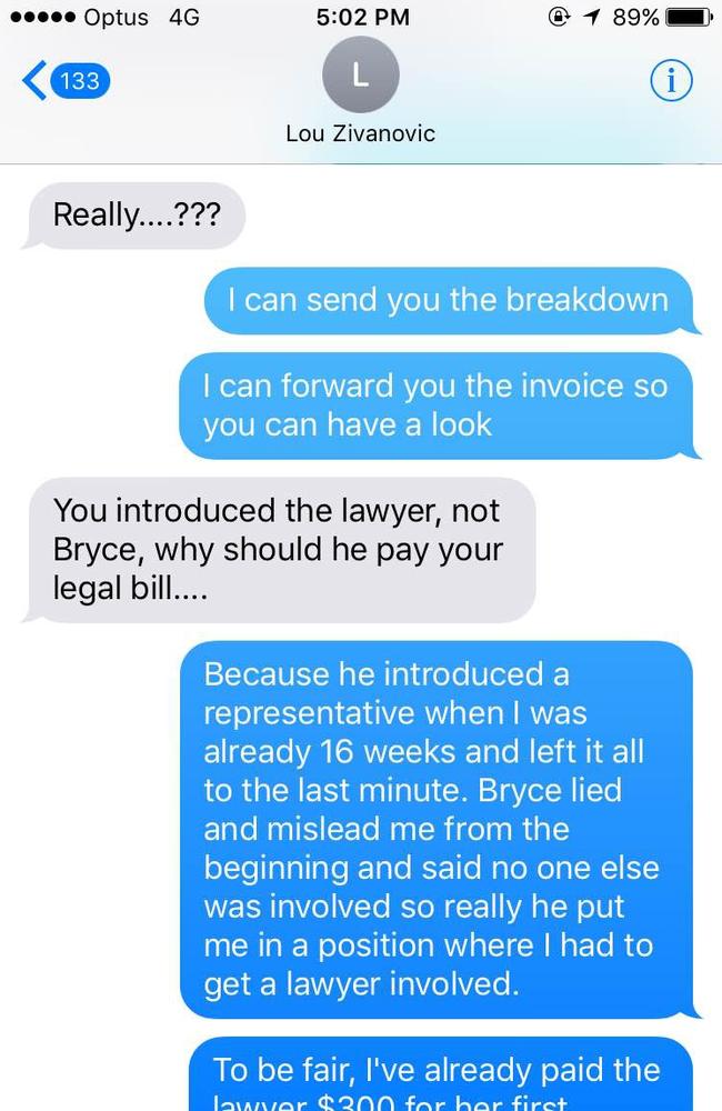 A text exchange between Lou Zivanovic and Miss X.