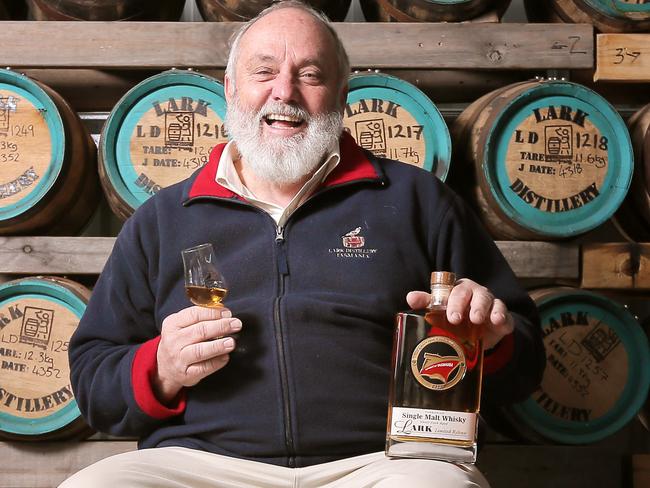 Bill Lark with a glass of the new whisky. The worldÕs best-travelled whisky is being bottled right now in Tasmania. Originally placed in two unique 20-litre Australian fortified wine barrels in 2013 and loaded on board Spirit of Tasmania I and II more than 12-months ago, the whisky has matured on 403 crossings, travelling 172,887 kilometers in the process.