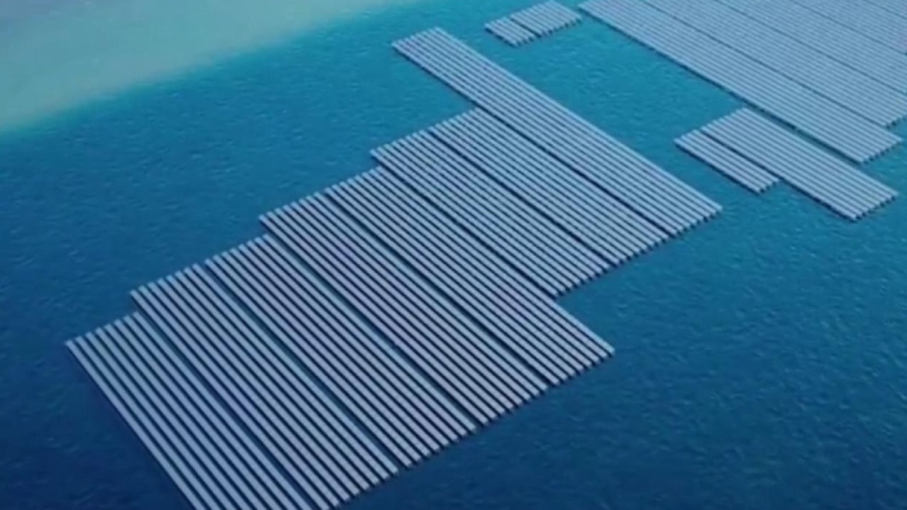 Footage has emerged of a massive offshore solar farm being built in China. Picture: China News Service