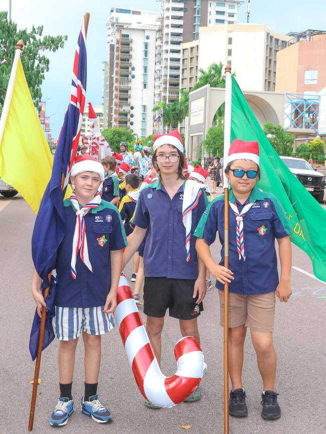 Sea Scouts Oliver Fryer, Nicholas Back and Seitaro Kawano In the annual Christmas Pageant and Parade down the Esplanade and Knuckey Streets. Picture: Glenn Campbell