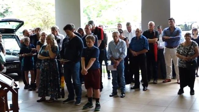 Dozens stood outside the chapel for the funeral of Jeff Snelling who died after saving his sons at Lake Tinaroo on February 12, 2023. Picture: Alison Paterson