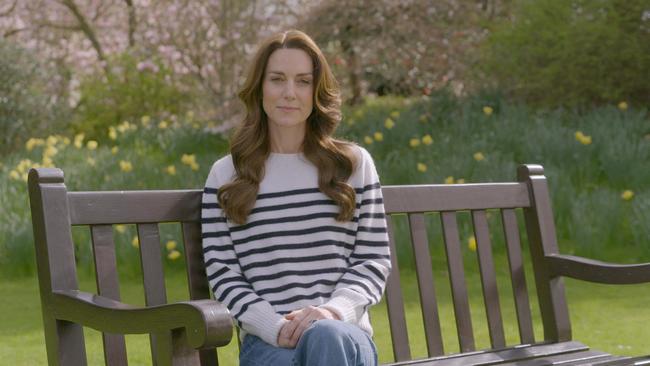 Kate announcing her cancer diagnosis in March 2024. Picture: Handout/BBC Studios/AFP