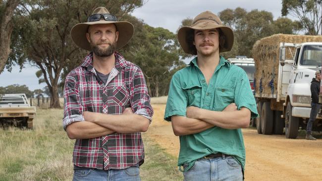 Farmers Jason Barratt (left) and Bill Baldwin are among the hundreds of farmers and other landholders along the VNI West route who are refusing AEMO’s subsidiary access to their land. Picture: Zoe Phillips