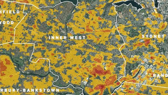 Heat mapping of the Sydney and Inner West Council areas by RMIT University and the University of Western Australia. Temperatures are on the scale same as those in the map above.