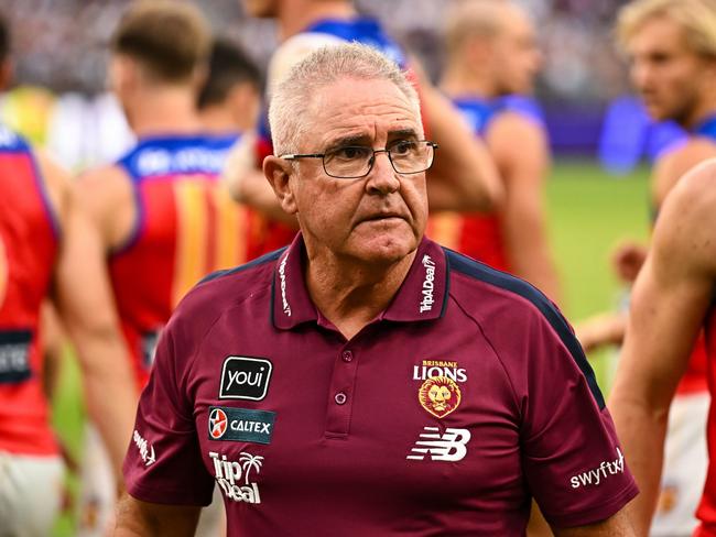 PERTH, AUSTRALIA - MARCH 17: Chris Fagan, Senior Coach of the Lions with his team at the break during the 2024 AFL Round 01 match between the Fremantle Dockers and the Brisbane Lions at Optus Stadium on March 17, 2024 in Perth, Australia. (Photo by Daniel Carson/AFL Photos via Getty Images)