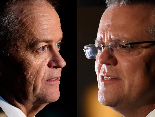 ***A diptych created on Friday, May 17, 2019, of both major party leaders reacting to the death of former Australian prime minister Bob Hawke ****  Australian Opposition Leader Bill Shorten addresses the media following the passing of former Australian prime minister Bob Hawke, at the Sydney Opera House in Sydney, Thursday, May 16, 2019. Bob Hawke, who served as Australia's 23rd prime minister from 1983-1991 and led Labor to four consecutive election victories, died at the age of 89. (AAP Image/Bianca De Marchi) NO ARCHIVING *** Prime Minister Scott Morrison makes an address following the passing of former Australian prime minister Bob Hawke, at Brisbane Airport in Brisbane, Thursday, May 16, 2019. Bob Hawke, who served as Australia's 23rd prime minister from 1983-1991 and led Labor to four consecutive election victories, died at the age of 89. (AAP Image/Getty Images Pool, Tracey Nearmy) NO ARCHIVING