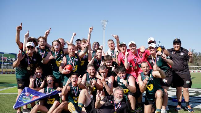 SPRINGFIELD, AUSTRALIA – OCTOBER 13: Tasmania celebrate winning the division 1 AFL National Inclusion Carnival grand final. (Photo by Russell Freeman/AFL Photos via Getty Images)