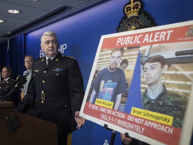 Security camera images recorded in Saskatchewan of Kam McLeod, 19, and Bryer Schmegelsky, 18, are displayed at a Royal Canadian Mounted Police media conference. Picture: Darryl Dyck/The Canadian Press via AP