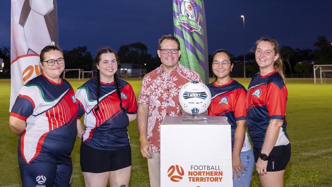 Luke Gosling with members of Palmerston Rovers FC at the unveiling Gray Oval's new lights. Picture: Football Northern Territory