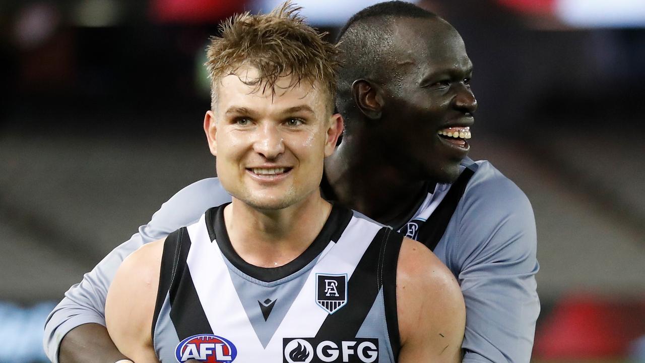 Ollie Wines and Aliir Aliir celebrate during Port Adelaide’s win over St Kilda. Picture: Getty Images