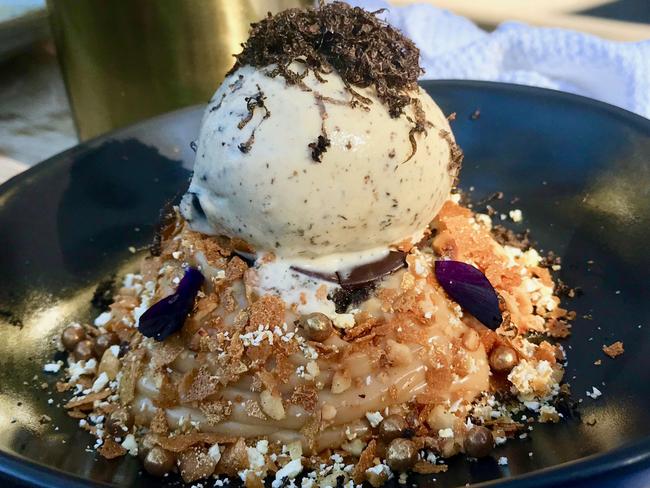 The Truffle ice cream on chocolate cake with hazelnut crema and caramel popcorn crumb at Three Williams. Picture: Jenifer Jagielski