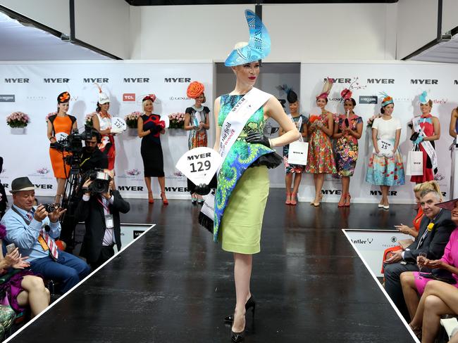 Christine Spielmann poses in the Fashions on the Field enclosure on Melbourne Cup Day at Flemington Racecourse. Photo by Graham Denholm/Getty Images for the VRC