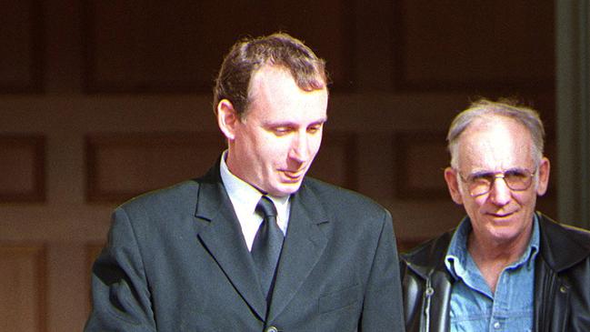 James Weston (left) leaves Adelaide Magistrates Court with his father, Rodney James Stanley, in 1999 after police dropped murder charges against them.